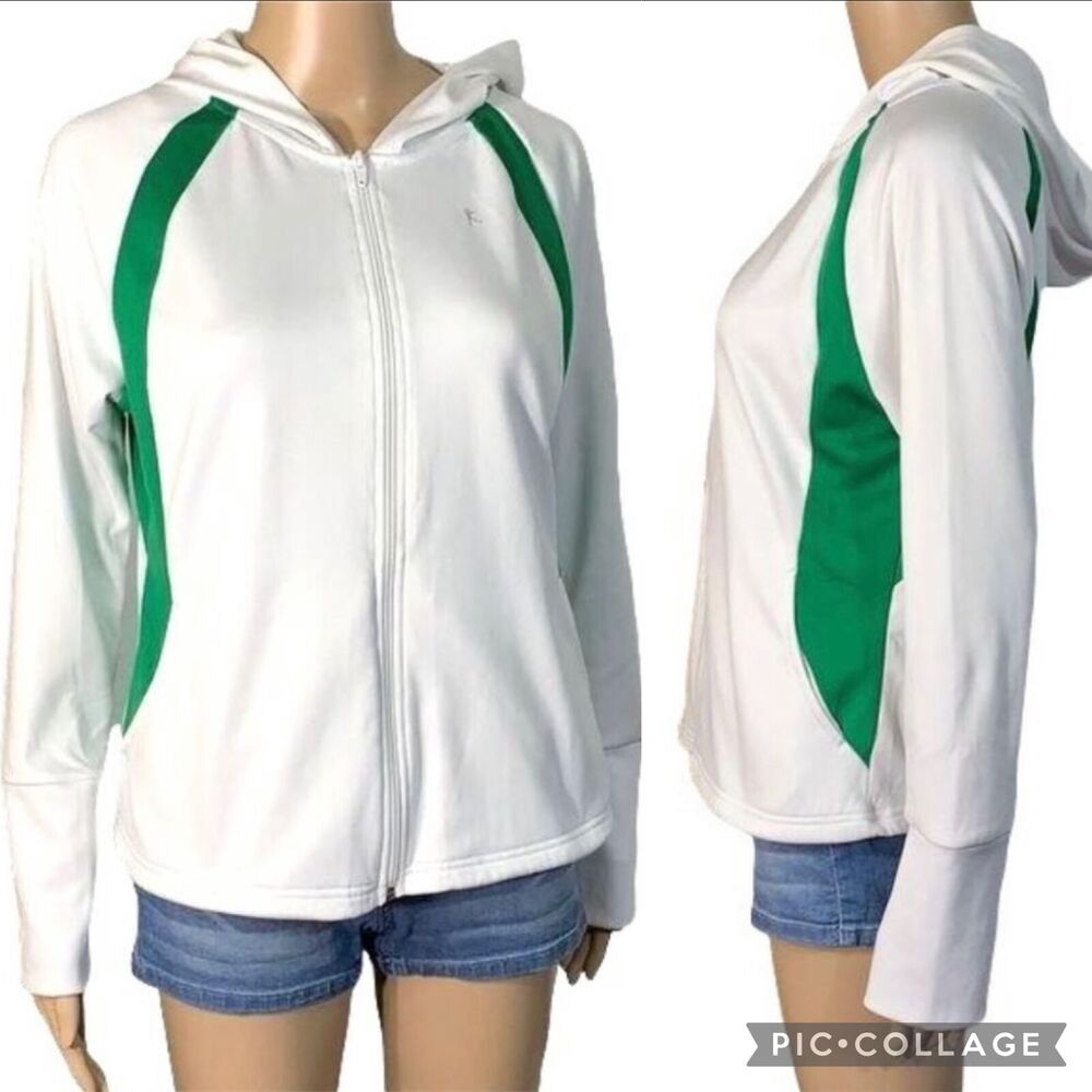 Danskin Now Hooded Full Zip Jacket White Green Athletic Activewear Womens Large